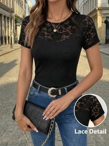 Editum 女款黑色夏季性感對比蕾絲圓領短袖修身T恤 外出夜生活上衣 - 黑色 - 查看 1