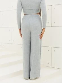 Maju Mazalli Women Gray Fall Winter Casual Lounge 2-Piece Set,Solid Color Plush Ribbed Fabric Open Front Decorative Waist Ruched Design Adjustable WaistbTextured - Grey - View 2
