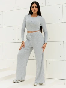 Maju Mazalli Women Gray Fall Winter Casual Lounge 2-Piece Set,Solid Color Plush Ribbed Fabric Open Front Decorative Waist Ruched Design Adjustable WaistbTextured - Grey - View 5