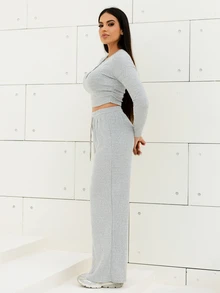 Maju Mazalli Women Gray Fall Winter Casual Lounge 2-Piece Set,Solid Color Plush Ribbed Fabric Open Front Decorative Waist Ruched Design Adjustable WaistbTextured - Grey - View 4