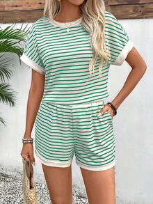 EMERY ROSE Conjunto casual de 2 piezas de top de manga corta con cuello redondo a rayas y shorts para mujer - Verde - Ver 6