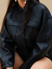 Maju Mazalli 复古美式短款皮夹克女装，宽松设计摩托服高端感 - 黑色 - 查看 7