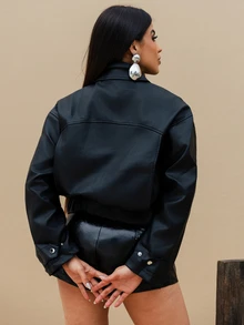 Maju Mazalli 复古美式短款皮夹克女装，宽松设计摩托服高端感 - 黑色 - 查看 2