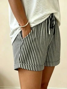 SHEIN Summer Casual Vacation Retro Drawstring Striped Shorts - Black - View 5