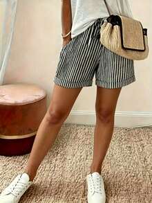 SHEIN Summer Casual Vacation Retro Drawstring Striped Shorts - Black - View 6