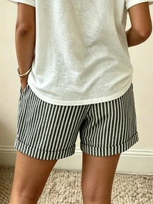 SHEIN Summer Casual Vacation Retro Drawstring Striped Shorts - Black - View 2