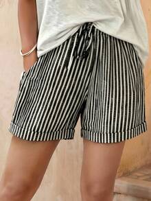SHEIN Summer Casual Vacation Retro Drawstring Striped Shorts - Black - View 1