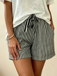 SHEIN Summer Casual Vacation Retro Drawstring Striped Shorts - Black - View 7