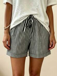 SHEIN Summer Casual Vacation Retro Drawstring Striped Shorts - Black - View 4