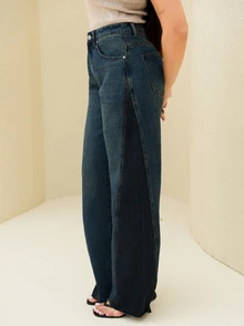 Maju Mazalli Women's Retro Blue Jeans Low Waist Straight Jeans Contrast Color Stitching Design Casual And Versatile,Autumn - Dark Wash - View 5