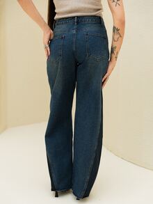 Maju Mazalli Women's Retro Blue Jeans Low Waist Straight Jeans Contrast Color Stitching Design Casual And Versatile,Autumn - Dark Wash - View 2