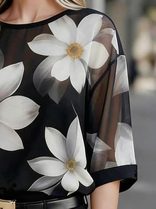 SHEIN Women's Summer Fashion Casual Sheer Chiffon Floral Print Versatile Round Neck 3/4 Sleeve Blouse - Black - View 5