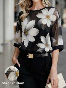 SHEIN Women's Summer Fashion Casual Sheer Chiffon Floral Print Versatile Round Neck 3/4 Sleeve Blouse - Black - View 3
