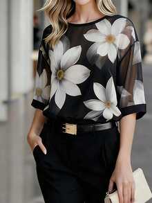 SHEIN Women's Summer Fashion Casual Sheer Chiffon Floral Print Versatile Round Neck 3/4 Sleeve Blouse - Black - View 4