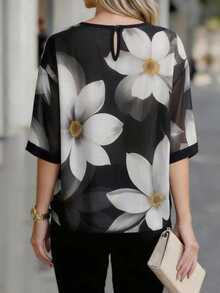 SHEIN Women's Summer Fashion Casual Sheer Chiffon Floral Print Versatile Round Neck 3/4 Sleeve Blouse - Black - View 2