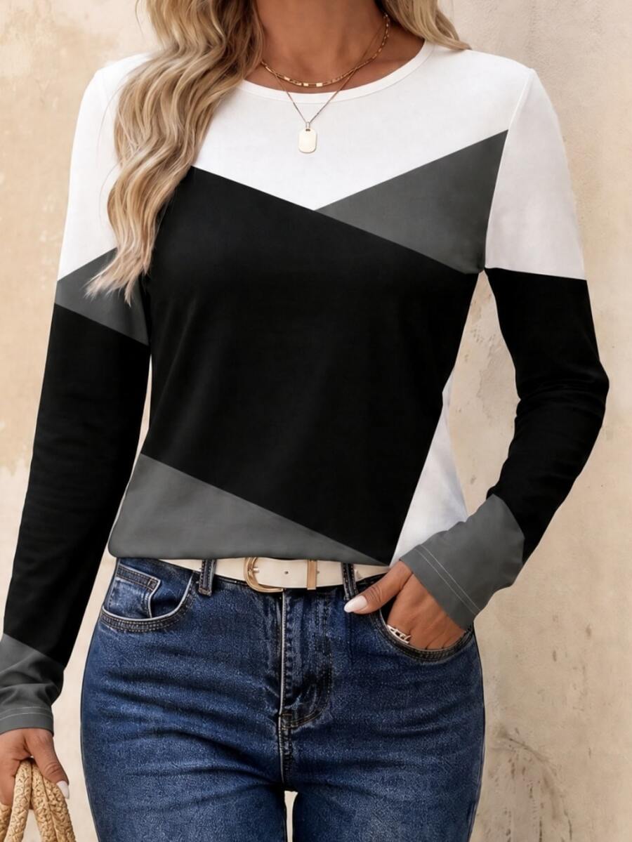 EMERY ROSE Women's Long Sleeve T-Shirt, Black And White Color Block Patchwork Graphic Print Top, Autumn, Casual, Everyday Classic Design, Daytime - Multicolor - View 1