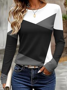 EMERY ROSE Women's Long Sleeve T-Shirt, Black And White Color Block Patchwork Graphic Print Top, Autumn, Casual, Everyday Classic Design, Daytime - Multicolor - View 4