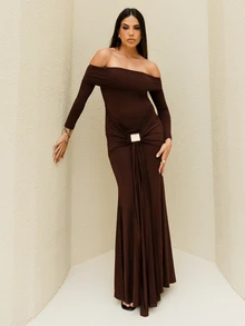 Maju Mazalli Off Shoulder Long Sleeve Maxi Dress Vacation Summer Spring Wedding Guest Graduation Prom Holiday Wedding Guest - Coffee - View 2