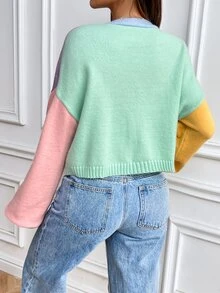 SHEIN Contrast Color Loose Cropped Cardigan, Sweet College Style Knit Sweater Jacket Fall Winter Cloth For Women - Blue - View 2