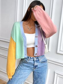 SHEIN Contrast Color Loose Cropped Cardigan, Sweet College Style Knit Sweater Jacket Fall Winter Cloth For Women - Blue - View 4