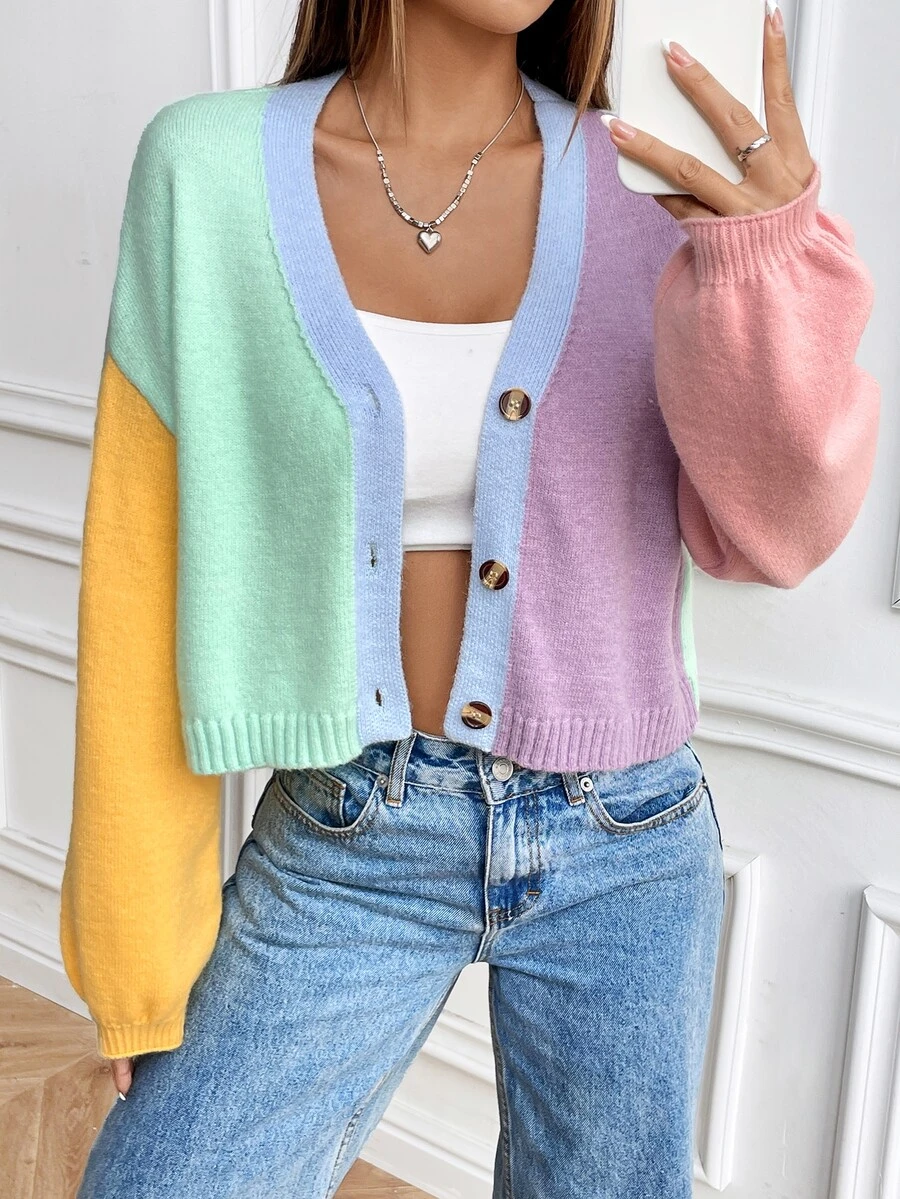 SHEIN Contrast Color Loose Cropped Cardigan, Sweet College Style Knit Sweater Jacket Fall Winter Cloth For Women - Blue - View 1