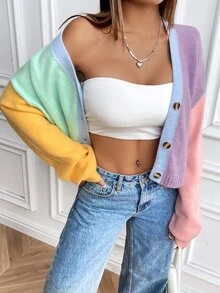 SHEIN Contrast Color Loose Cropped Cardigan, Sweet College Style Knit Sweater Jacket Fall Winter Cloth For Women - Blue - View 7