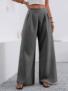 EMERY ROSE Women's Solid Color Pleated Casual Versatile Wide Leg Pants For Daily Wear - Grey - View 5