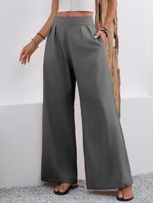 EMERY ROSE Women's Solid Color Pleated Casual Versatile Wide Leg Pants For Daily Wear - Grey - View 7