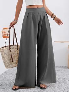 EMERY ROSE Women's Solid Color Pleated Casual Versatile Wide Leg Pants For Daily Wear - Grey - View 8