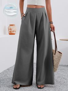 EMERY ROSE Women's Solid Color Pleated Casual Versatile Wide Leg Pants For Daily Wear - Grey - View 4