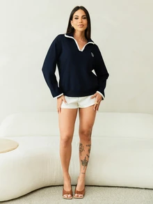 Maju Mazalli 字母刺绣撞色领落肩卫衣，长袖上衣，秋季女装 - 藏蓝色 - 查看 1