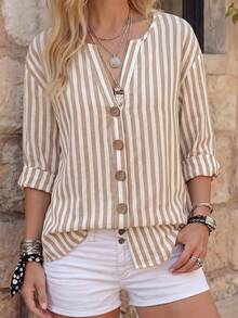 SHEIN Women's Woven Daily Striped Casual Office Summer Blouse - Khaki - View 3