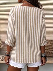 SHEIN Women's Woven Daily Striped Casual Office Summer Blouse - Khaki - View 2