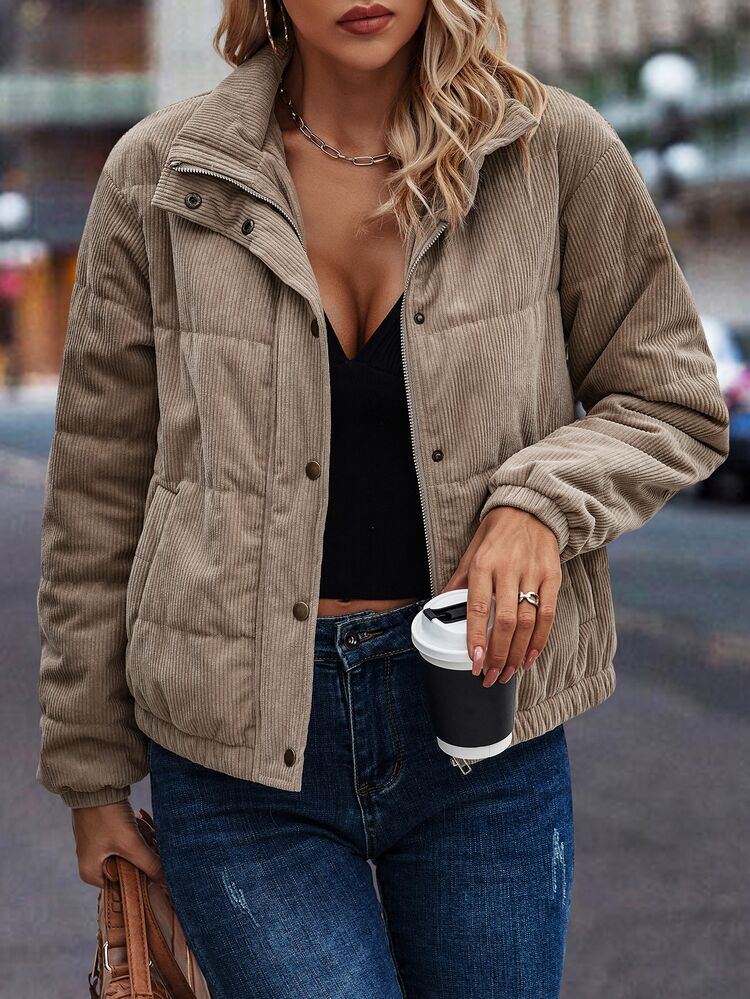 EMERY ROSE Snap Button Up Padded Padded Coat Clothes Winter Fall Cloth For Women - Coffee Brown - View 6