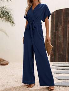 EMERY ROSE Women's Solid Color Wrap-Around Waist Jumpsuit, Short Sleeve, Summer - Navy Blue - View 5