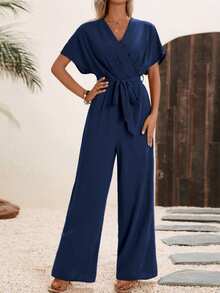 EMERY ROSE Women's Solid Color Wrap-Around Waist Jumpsuit, Short Sleeve, Summer - Navy Blue - View 6
