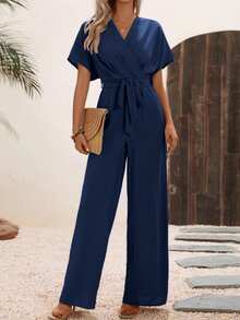 EMERY ROSE Women's Solid Color Wrap-Around Waist Jumpsuit, Short Sleeve, Summer - Navy Blue - View 3