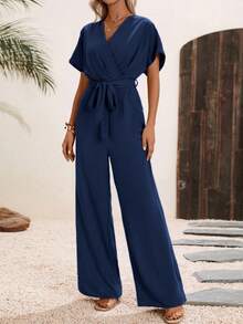 EMERY ROSE Women's Solid Color Wrap-Around Waist Jumpsuit, Short Sleeve, Summer - Navy Blue - View 7