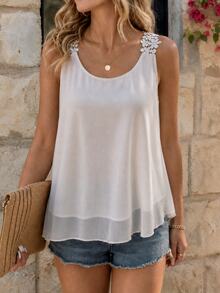 EMERY ROSE Women's 2026 New Lace Trim Chiffon Camisole For Vacation - White - View 3
