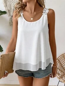 EMERY ROSE Women's 2026 New Lace Trim Chiffon Camisole For Vacation - White - View 1