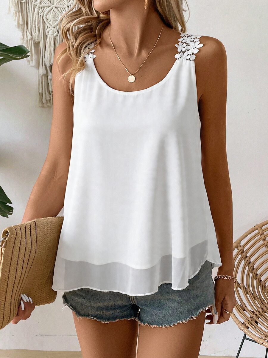 EMERY ROSE Women's 2026 New Lace Trim Chiffon Camisole For Vacation - White - View 1