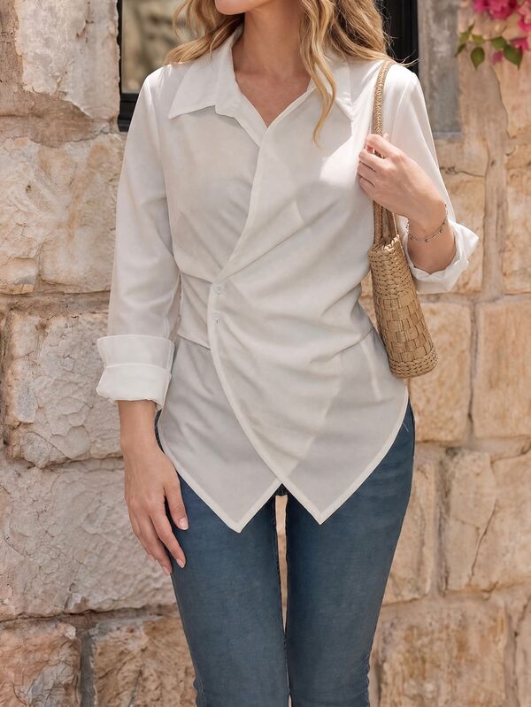 EMERY ROSE بلوزة نسائية طويلة الأكمام ذات لون واحد بتصميم ربطة، قميص نسائي للربيع والخريف، بلوزة طويلة الأكمام
