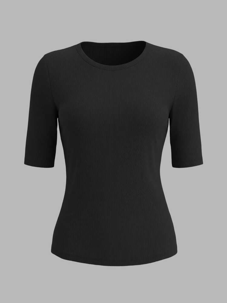 SHEIN Women's Solid Color Crew Neck Ribbed Fitted Casual Basic T-Shirt Office Black Summer - Black - View 2