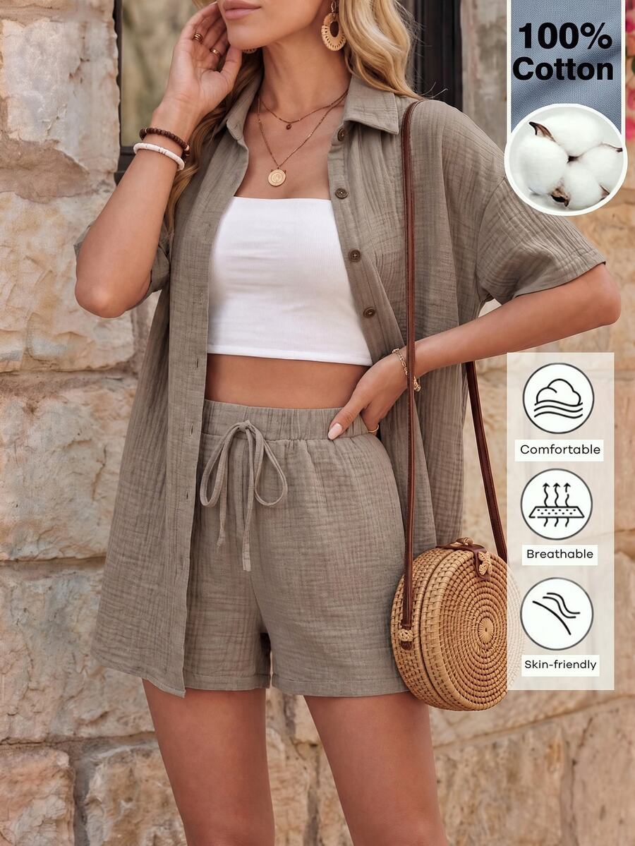 EMERY ROSE Women's Solid Color Single-Breasted Collar Shirt And Shorts 2 Pieces Set - Khaki - View 1