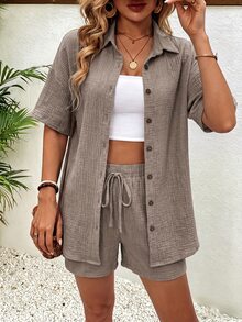 EMERY ROSE Women's Solid Color Single-Breasted Collar Shirt And Shorts 2 Pieces Set - Khaki - View 4