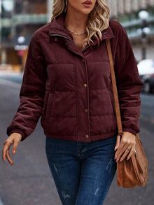 EMERY ROSE Snap Button Up Padded Padded Coat Autumn Hiking Dark Burgundy Casual Elegant Classy - Burgundy - View 6