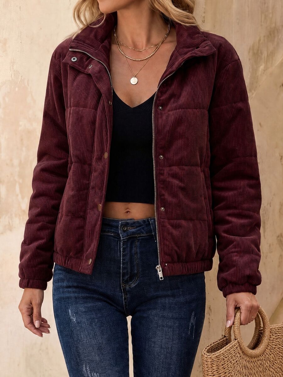 EMERY ROSE Snap Button Up Padded Padded Coat Autumn Hiking Dark Burgundy Casual Elegant Classy - Burgundy - View 1