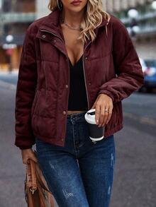 EMERY ROSE Snap Button Up Padded Padded Coat Autumn Hiking Dark Burgundy Casual Elegant Classy - Burgundy - View 5