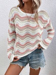 EMERY ROSE Suéter casual de hombros caídos con patrón de onda en contraste, jersey de punto de otoño/primavera para otoño e invierno - Multicolor - Ver 5