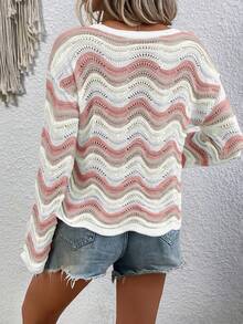 EMERY ROSE Suéter casual de hombros caídos con patrón de onda en contraste, jersey de punto de otoño/primavera para otoño e invierno - Multicolor - Ver 2